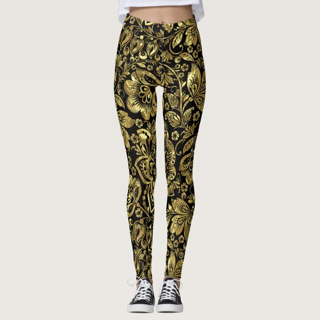 Leggings Or brillant sur noir Floral Damas Motif (Devant)