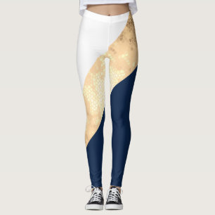 Leggings or élégant de faux, bleu marine, rayures blanche