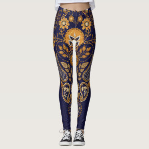 Leggings Or et bleu, motif sans couture fleurie.