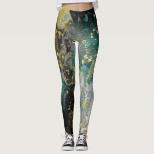 Leggings Or Noir Vert Sarcelle Grunge Éclaboussure Mode