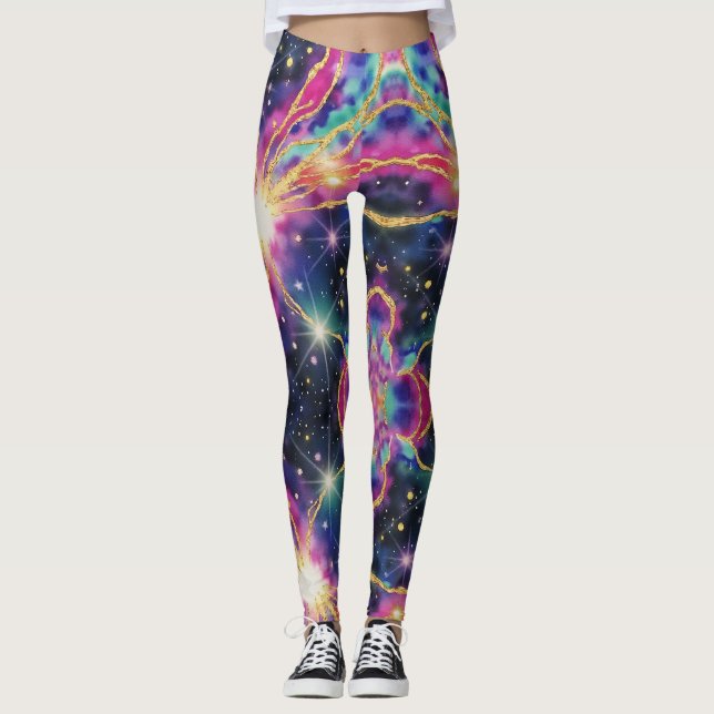 Leggings Or turquoise contre une galaxie de fond profond (Devant)