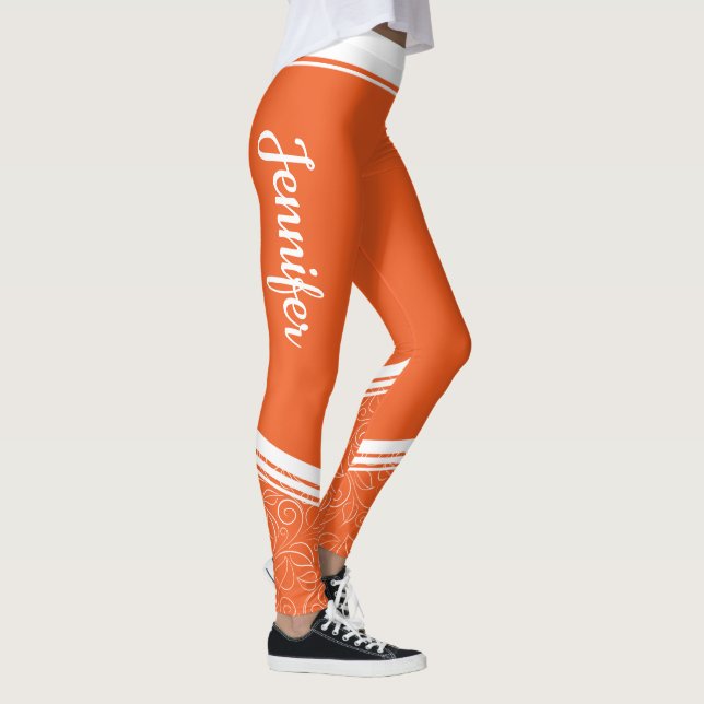 Leggings Orange floral blanc rayures et nom girly moderne (Droite)