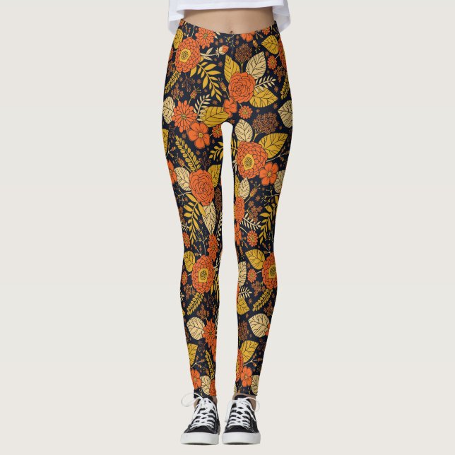 Leggings Orange rétro, Jaune & Marine Floral (Devant)