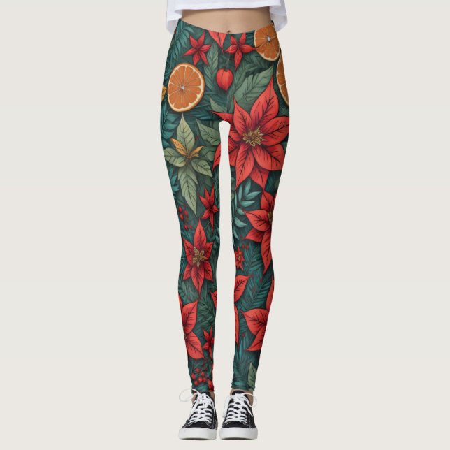 Leggings Oranges de Noël moderne Feuilles (Devant)