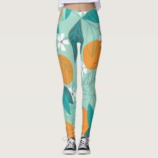 Leggings Oranges en fleurs, feuille, art vintage.