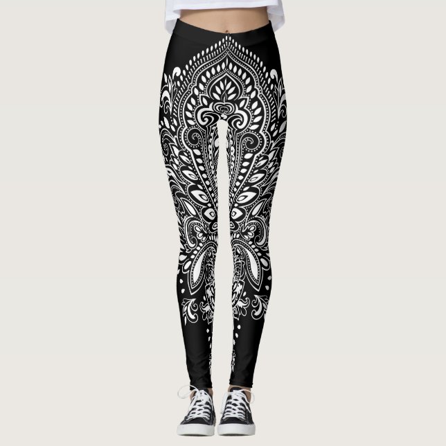Leggings Ornement floral noir et blanc (Devant)