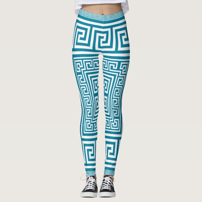 Leggings Ornement principal grec - blanc sur la sarcelle (Devant)
