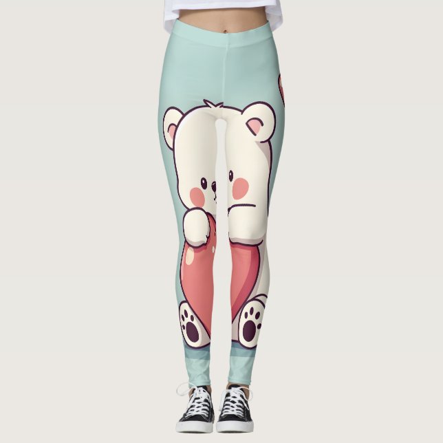 Leggings Ours polaire serrant un coeur sur une base bleu cl (Devant)