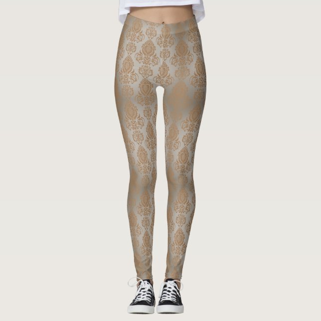 Leggings Pale Taupe Damask Filigree Scroll "Burnout Look" (Devant)
