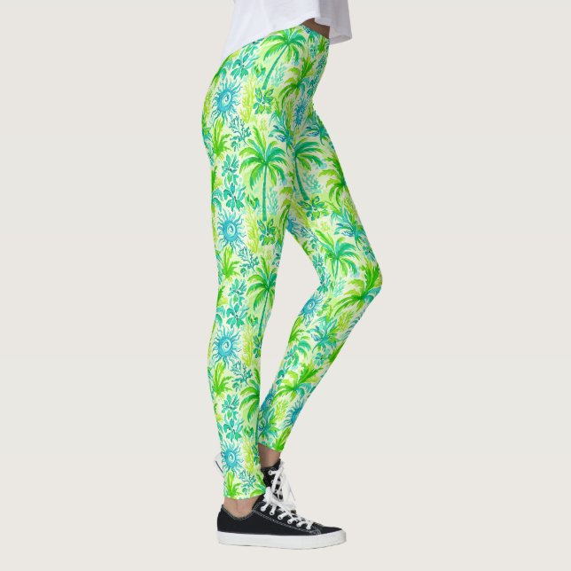 Leggings Palme tropicale vert clair et soleil bleu (Droite)