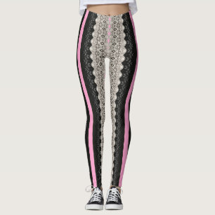 Leggings Panneaux de dentelle noir et blanc avec pattes ros
