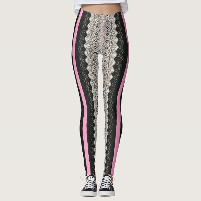 Leggings Panneaux de dentelle noir et blanc avec pattes ros (Devant)
