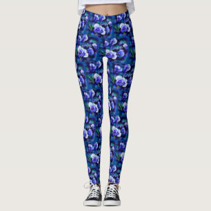 Leggings Pansies Bleues Fleur Pansy Floral Turquoise "Amour