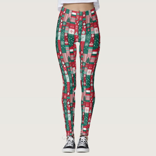 Leggings Papier de Noël classique Motif rouge vert (Devant)