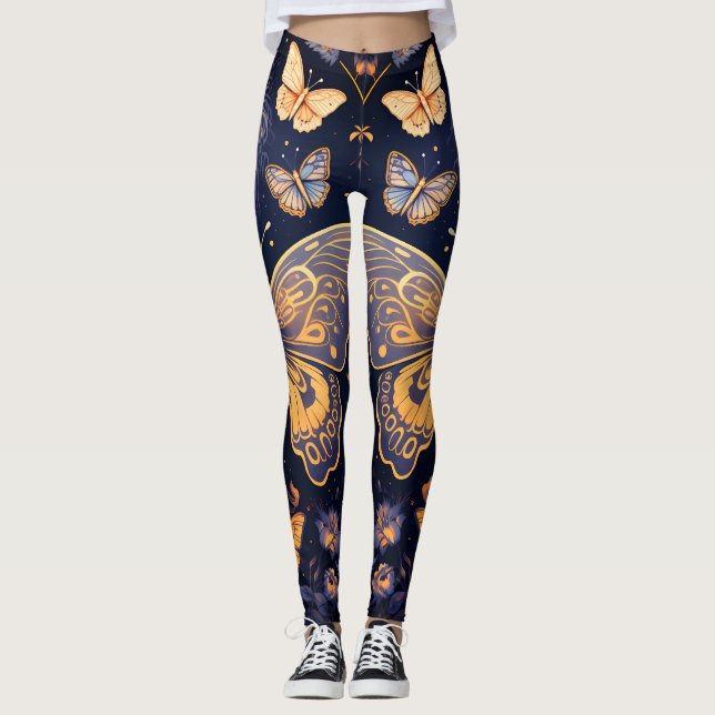 Leggings Papillon d'or bleu violet Art déco moderne (Devant)