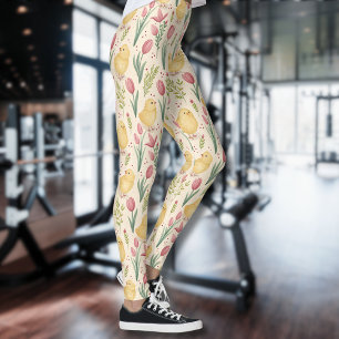 Leggings Pâques vintage poussins jaunes mignons tulipes rou