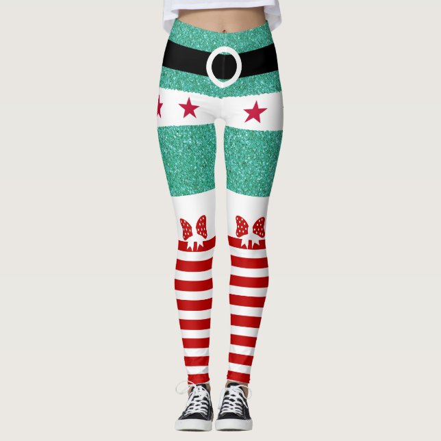 Leggings Parties scintillant verte chic Rouge Blanc rayures (Devant)