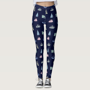 Leggings Pastel Sailboat Motif sur Midnight Blue