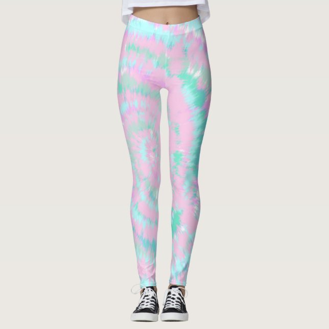 Leggings Pastel Tie Dye Motif Pink Aqua Mint Green (Devant)