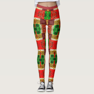 Leggings Patchwork Fabric Print Orange Green Gold élégant