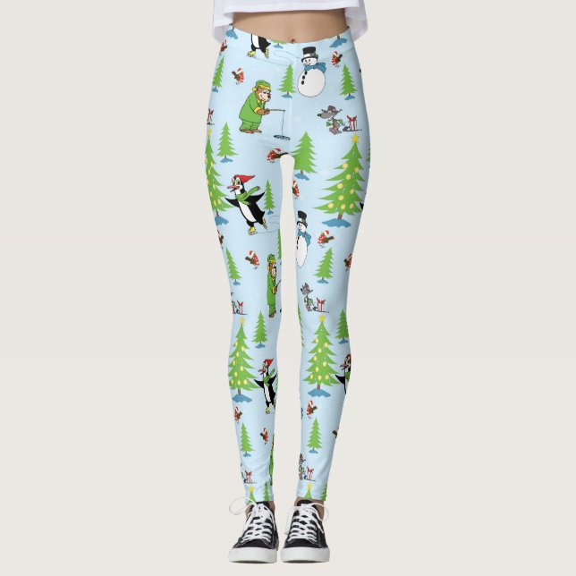Leggings Patinage de pingouin de Noël et pêcheur d'ours (Devant)