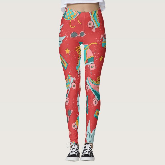 Leggings Patins à rouleaux rétro : Arrière - plan rouge bri (Devant)