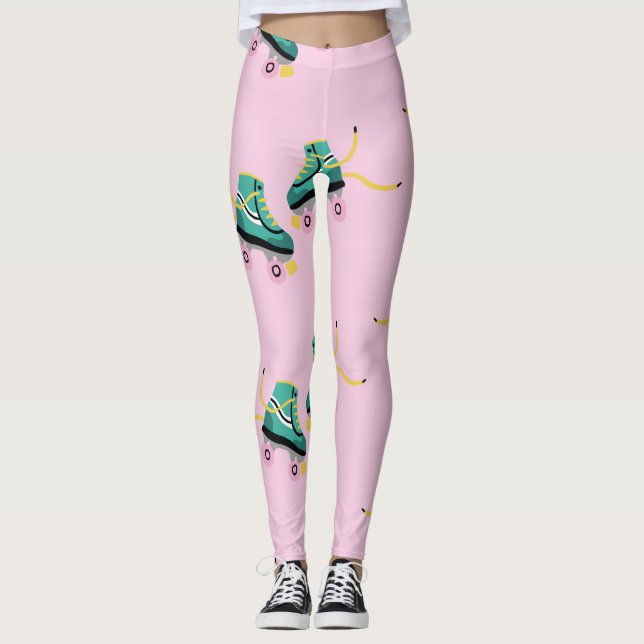 Leggings Patins à rouleaux rétrogrades : motif rose. (Devant)