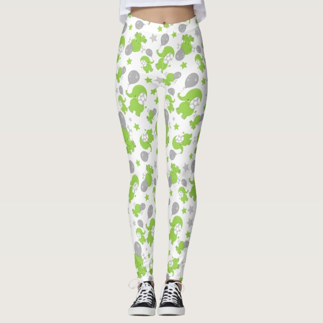 Leggings Pattern of Green Elephants, Cute Elephants, stars (Devant)