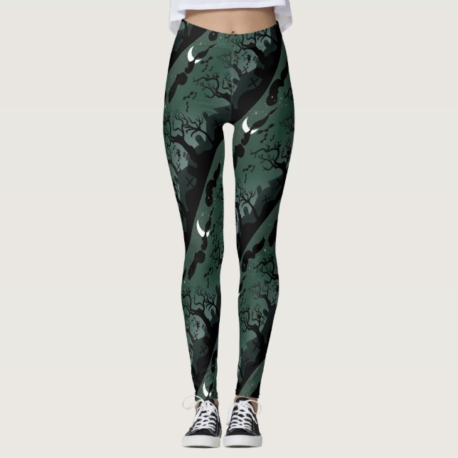 Leggings Paysage de cimetière d'Halloween noir et gris (Devant)