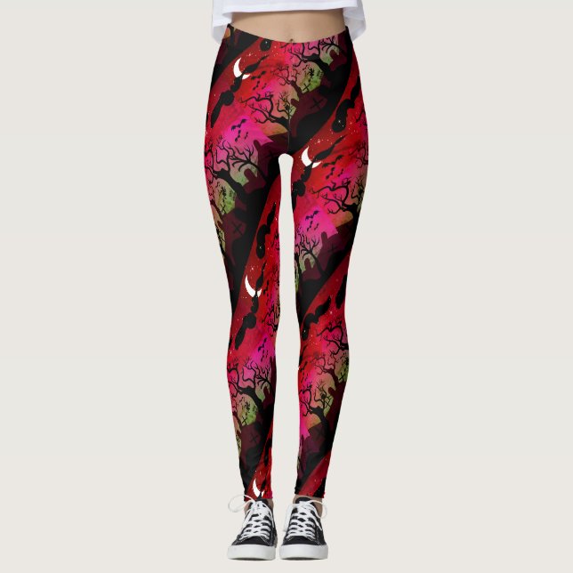 Leggings Paysage de cimetière d'Halloween rouge et vert oli (Devant)