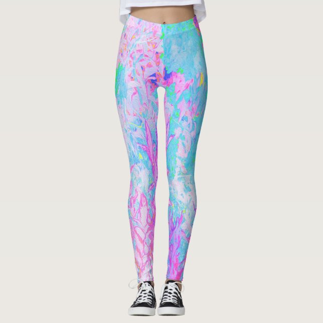 Leggings Paysage d'hortensias bleu aqua et rose chaud (Devant)