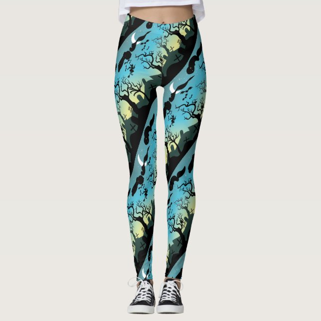 Leggings Paysage du cimetière d'Halloween aqua violet et ja (Devant)