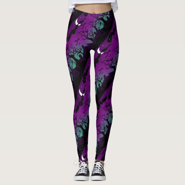 Leggings Paysage du cimetière d'Halloween violet aqua (Devant)