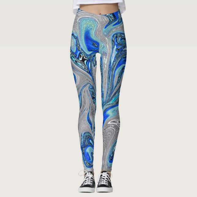 Leggings Peacock Blue et Silver Marbled Abstrait (Devant)
