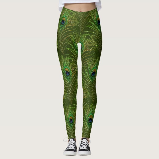 Leggings Peacock Feathers Peacocks Green Gold Parties scint (Devant)
