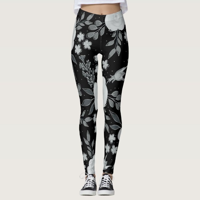 Leggings Peinture d'aquarelle Rose en noir blanc (Devant)