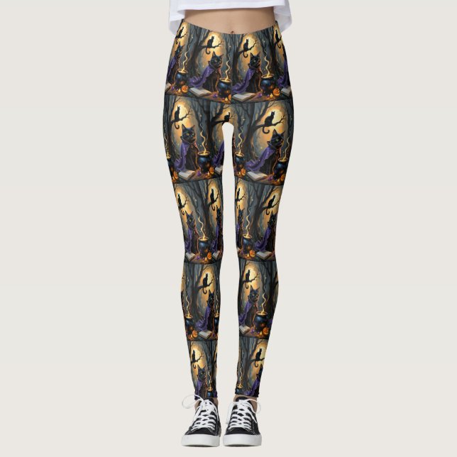 Leggings Peinture d'Halloween en chats noirs (Devant)