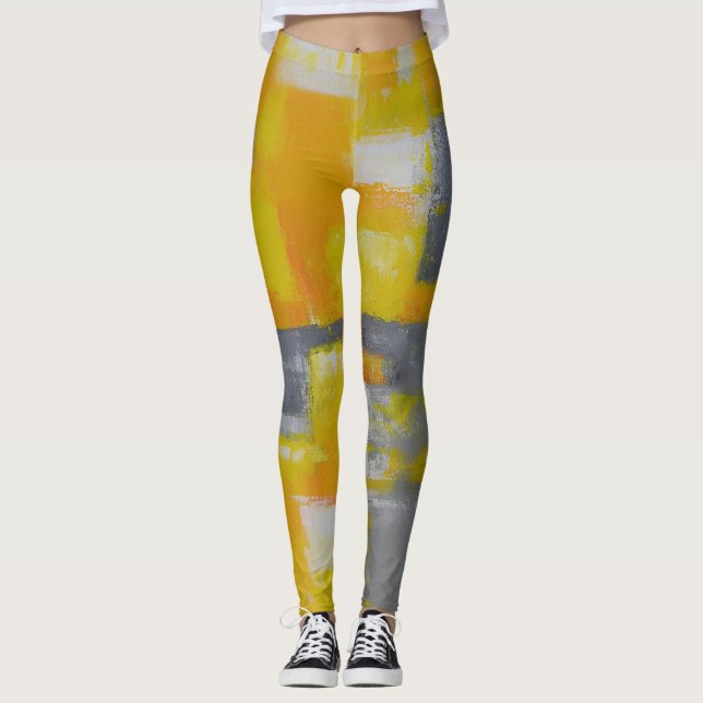 Leggings peinture gris jaune blanc abstrait (Devant)