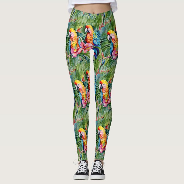 Leggings Perroquets verts, rouges, bleus et fleurs tropical (Devant)