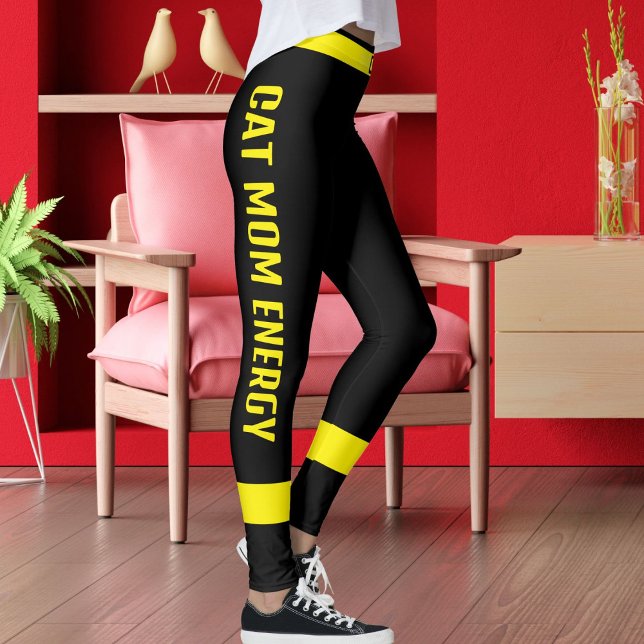 Leggings Personalized Cat Mom Pet Lover Yellow Stripe Black (Créateur téléchargé)