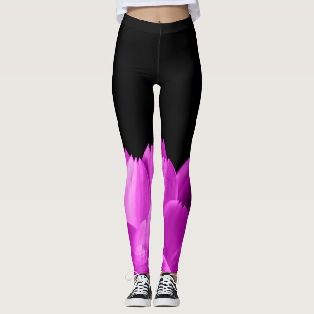 Leggings Pétales de fleurs roses chaudes sur noir (Devant)