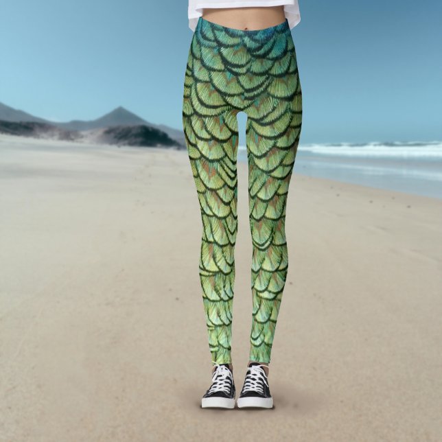 Leggings Pétales de sirop vert turquoise Pétales de sirène  (Teal Green Peacock Feather Mermaid Scales Leggings)