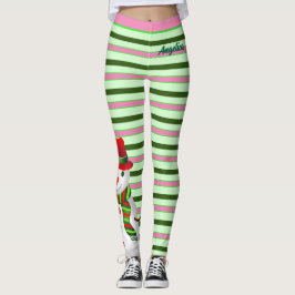Leggings Pink and Green Holiday Stripes avec Snowman
