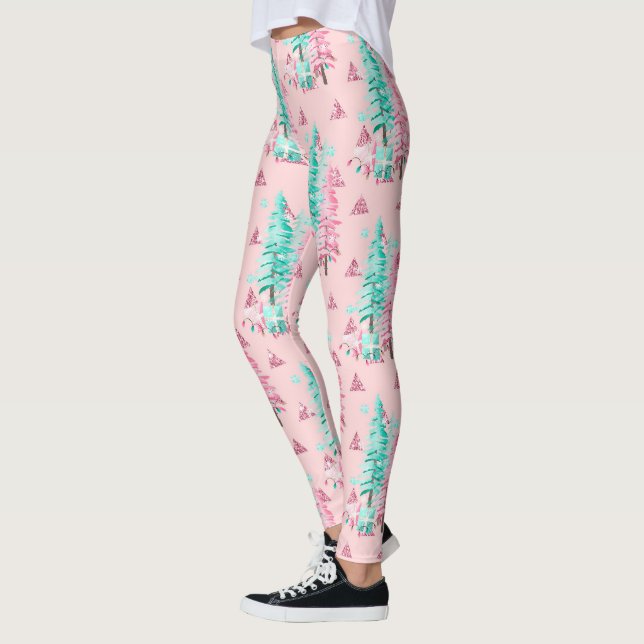 Leggings Pink Aqua Christmas Tree Festive (Gauche)