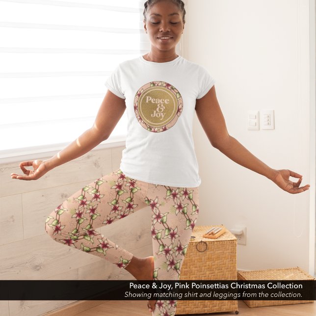 Leggings Pink Poinsettia Diagonal Stripé Noël (Pink Poinsettia Diagonal Striped Christmas Leggings with Matching Peace & Joy T-Shirt.)