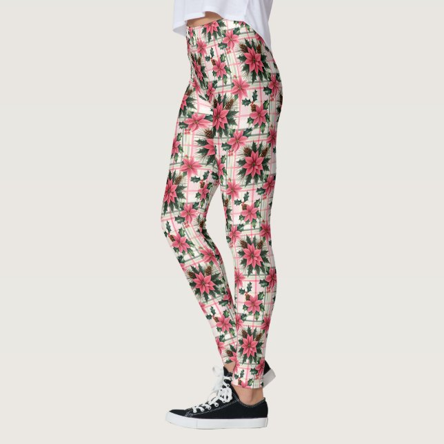 Leggings Pink Retro Noël Floral Plaid Joyeux Noël (Gauche)