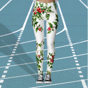 Leggings Plantes de gui vert rouge de Noël chic Aquarelle