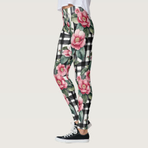 Leggings Plaqué noir et blanc avec Camellias rose feuillus