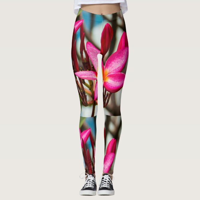 Leggings Plumeria arrière - plan de fleurs exotiques (Devant)