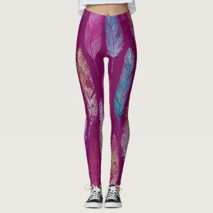 Leggings Plumes colorées : motif arrière - plan violet.